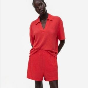 H&M Vibrant Coral Collared Knit Top Size L Fall Soft Office Casual Br-3100